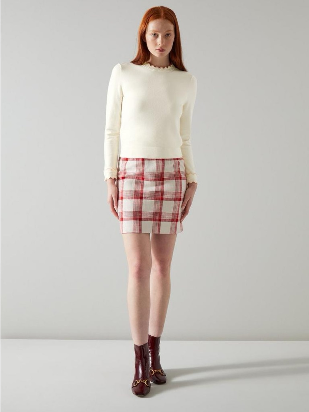 LK Bennett Cream Crewneck Sweater Merino-Cotton with Pink Scallop Trim